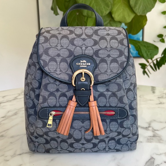 Coach Handbags - Coach Kleo Backpack in Signature Chambray & Leather C8162  Navy Blue Gold